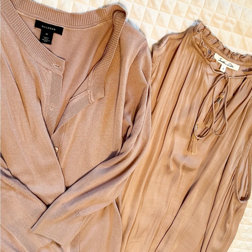 Dusty rose color set, cardigan and sleeveless silky blouse.